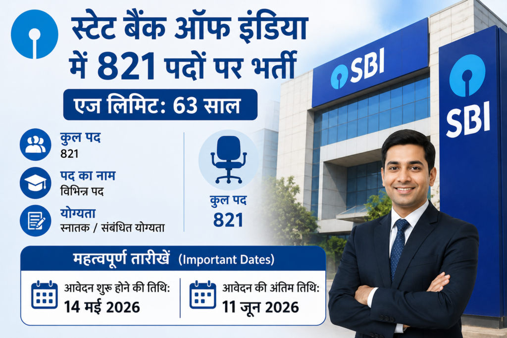 स्टेट बैंक ऑफ इंडिया में 821 पदों पर भर्ती, एज लिमिट 63 साल