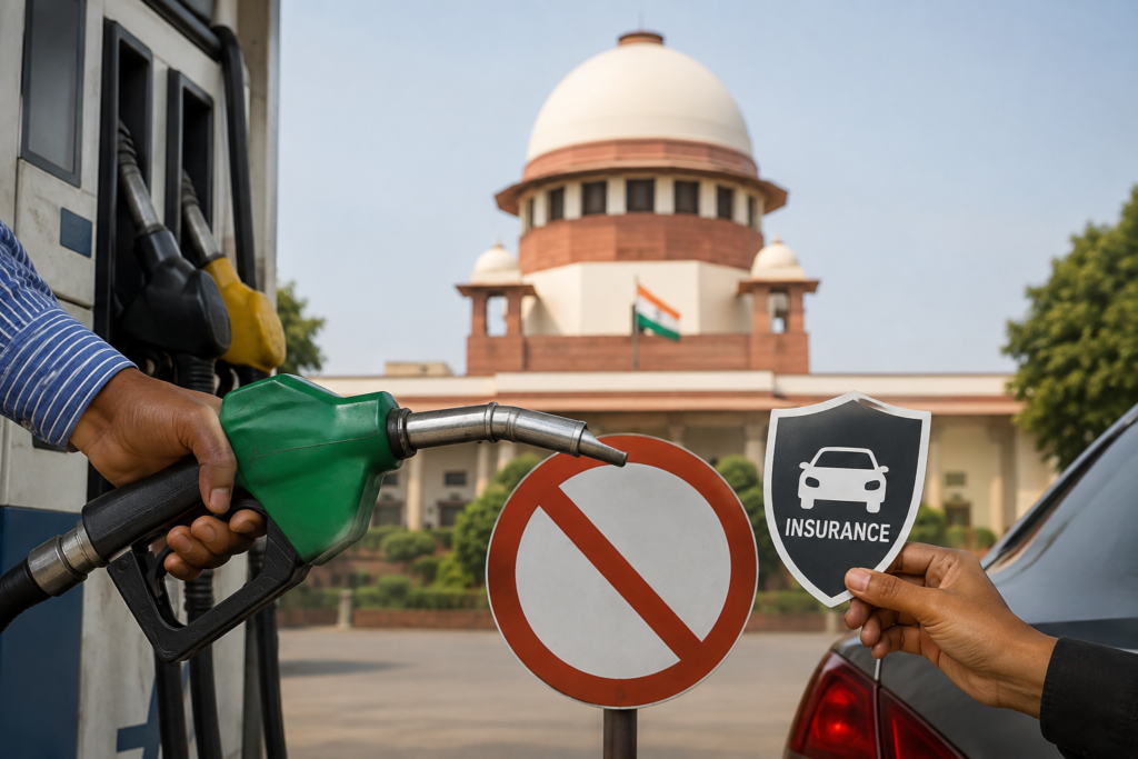 बिना वाहन बीमा नहीं मिलेगा पेट्रोल! सुप्रीम कोर्ट का केंद्र सरकार को बड़ा निर्देश बिना वाहन बीमा नहीं मिलेगा पेट्रोल! सुप्रीम कोर्ट का केंद्र सरकार को बड़ा निर्देश